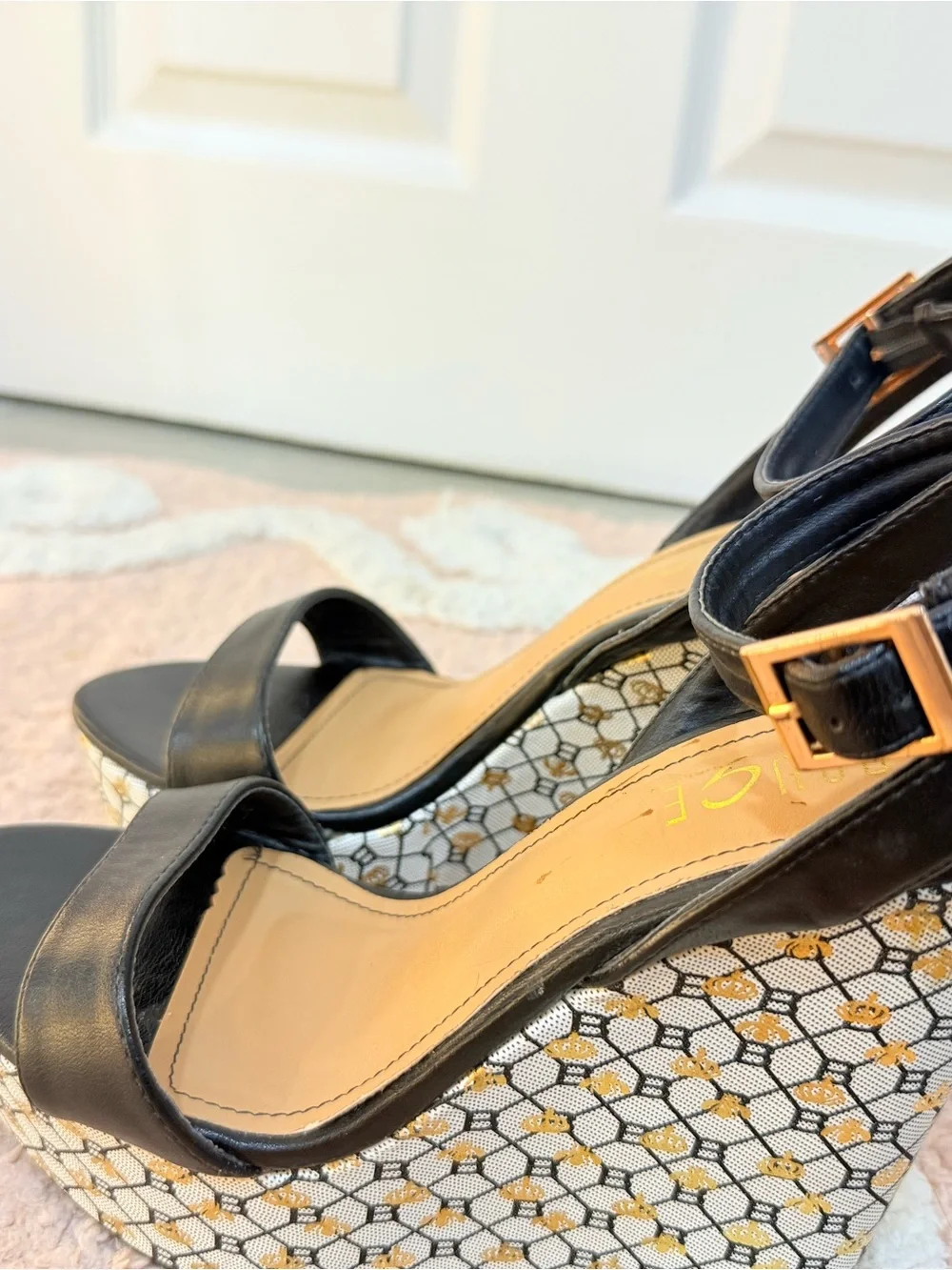 Black Leather Platform Wedge Sandals